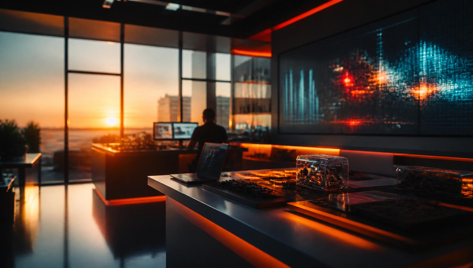 Modern innovation lab workspace at sunset with digital screens and prototypes